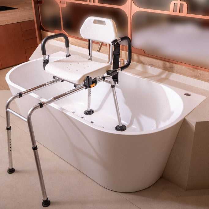 Bathtub with a shower seat and support frame in a bathroom setting.