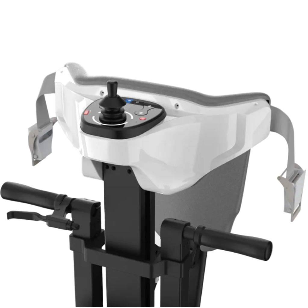 White and black exercise bike with handlebars on a light gray background