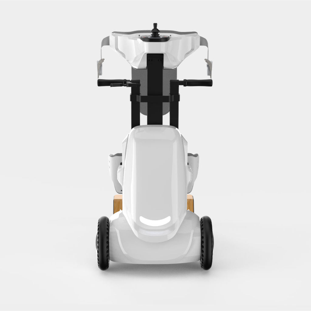 Robotic device with transparent top and wheels on a white background
