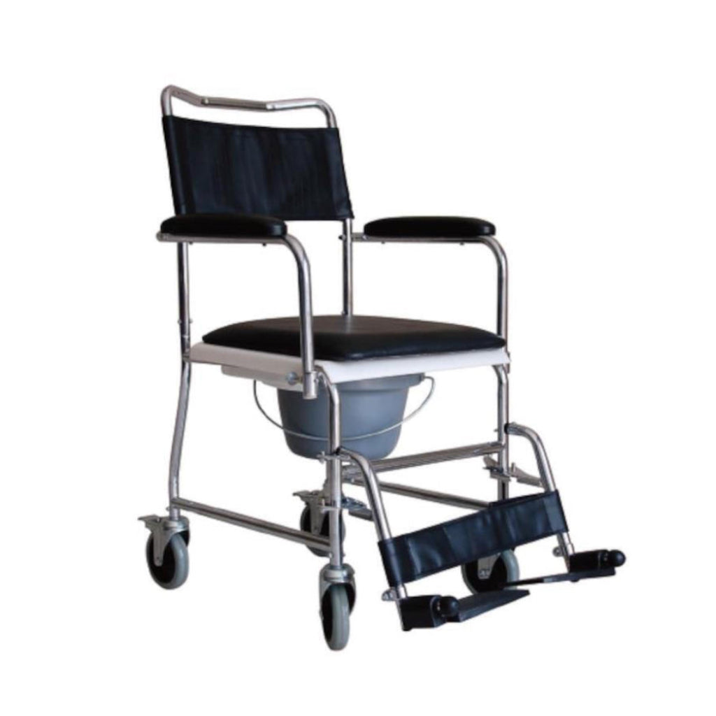 Medical commode chair with wheels on a white background