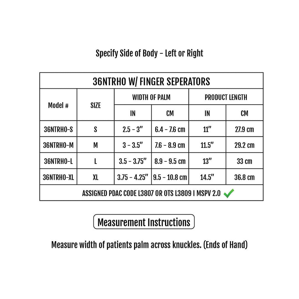 RCAI Neutral Thumb Resting Hand Orthosis – sizing chart