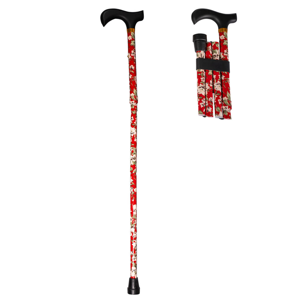 Foldable Aluminum Stick, Red Flower- with Wood Handle