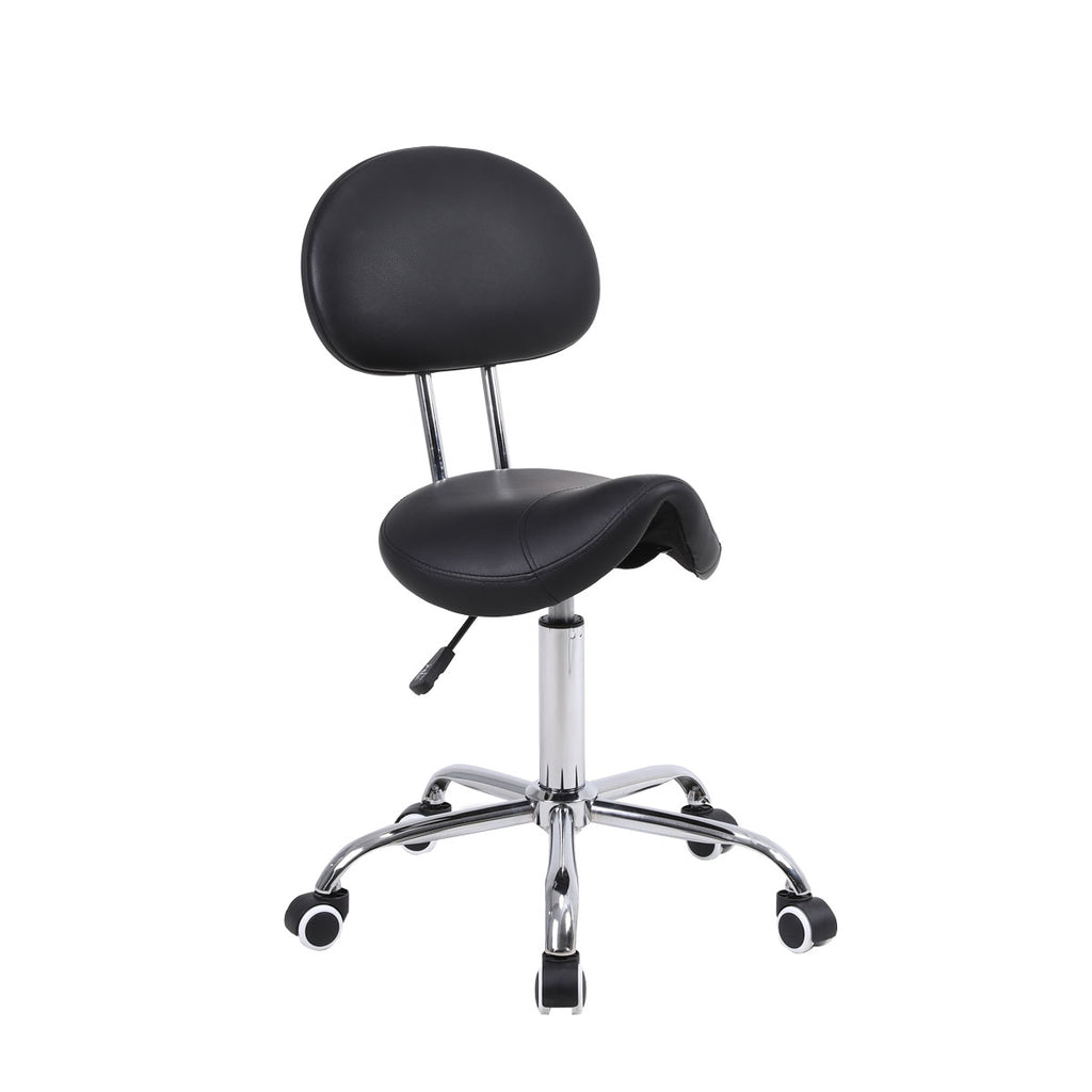 Height Adjustable "Pony" Type Stool with Backrest & Wheels - Black