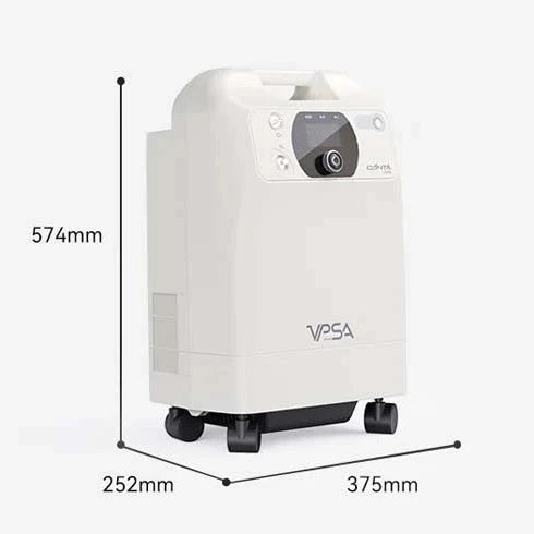 White oxygen concentrator with dimensions labeled on a white background