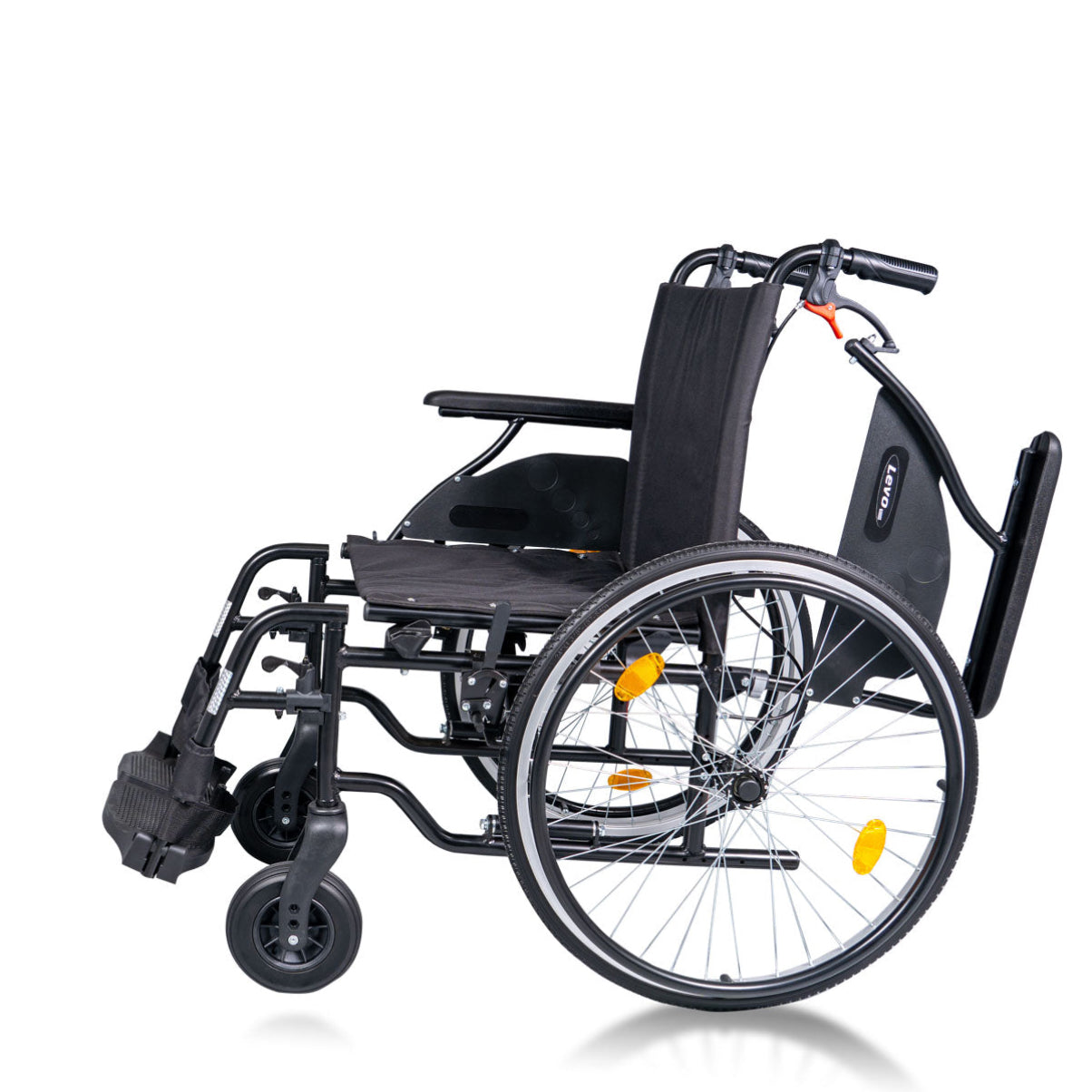 Black wheelchair with yellow reflectors on a white background