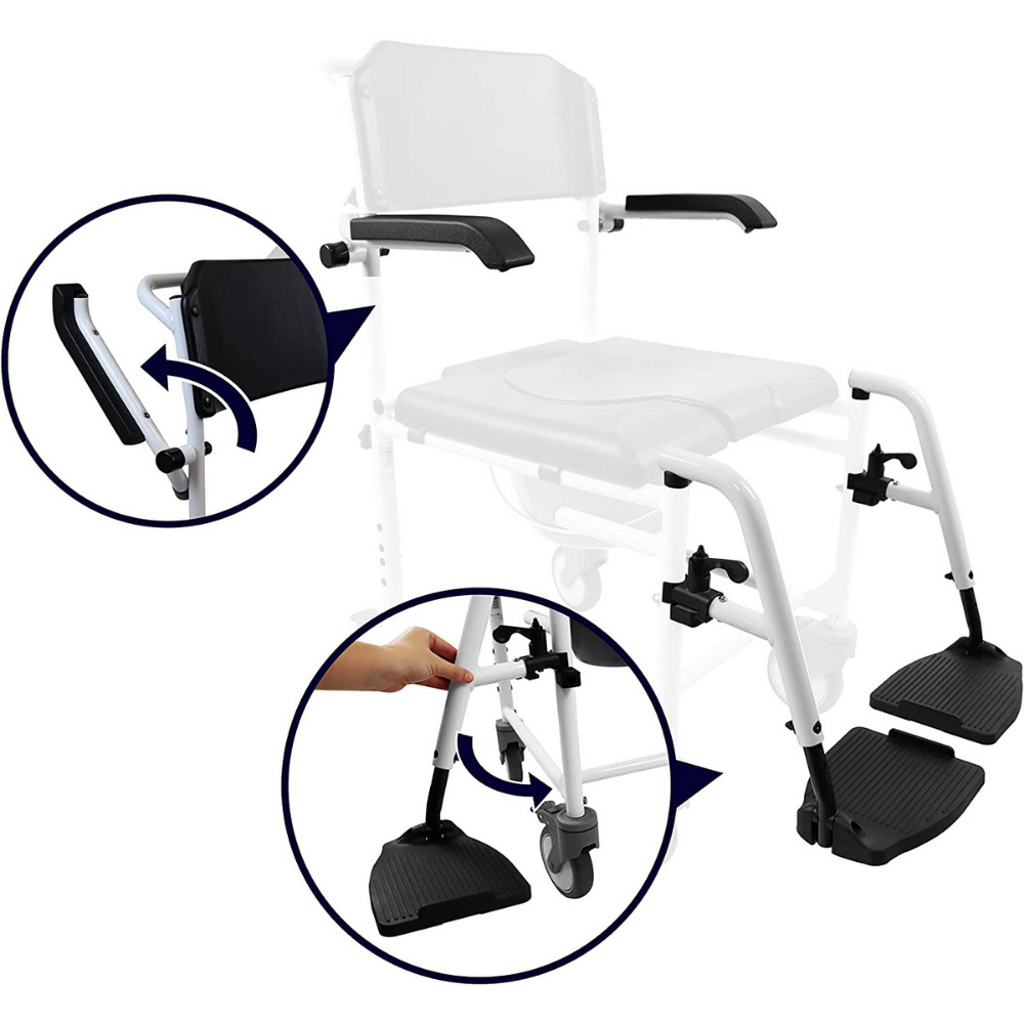 Shower commode chair – folding armrests and swing-away footrests