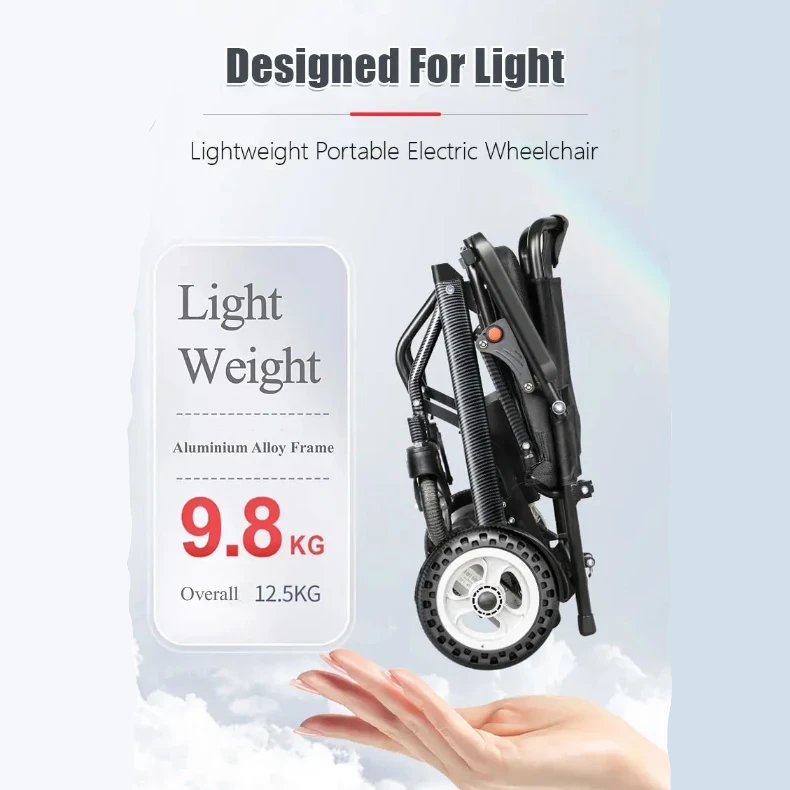 A lightweight portable electric wheelchair shown folded and floating above a hand, with promotional text reading 'Designed For Light,' 'Light Weight,' 'Aluminium Alloy Frame,' and '9.8 KG Overall 12.