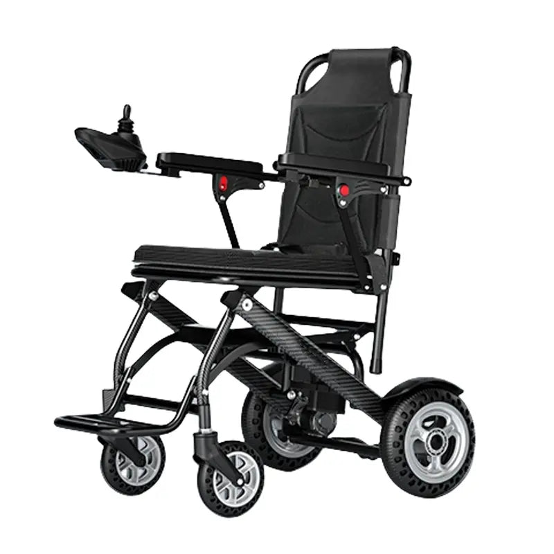 Black electric power wheelchair with a high-back padded seat, armrests, small front caster wheels, and larger rear wheels with silver rims, shown on a plain white background.