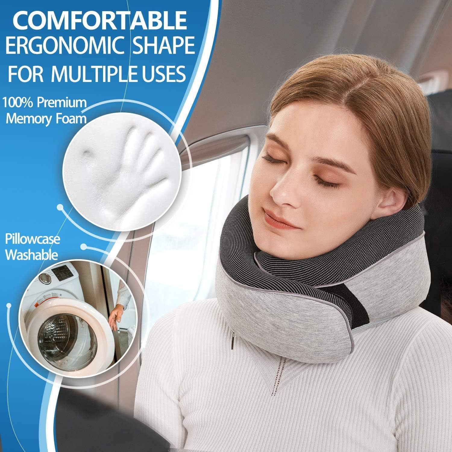 Travel neck pillow – ergonomic memory foam, washable cover