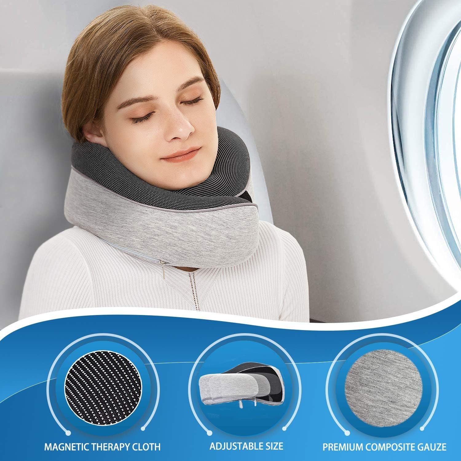 Woman resting with the memory foam travel neck pillow