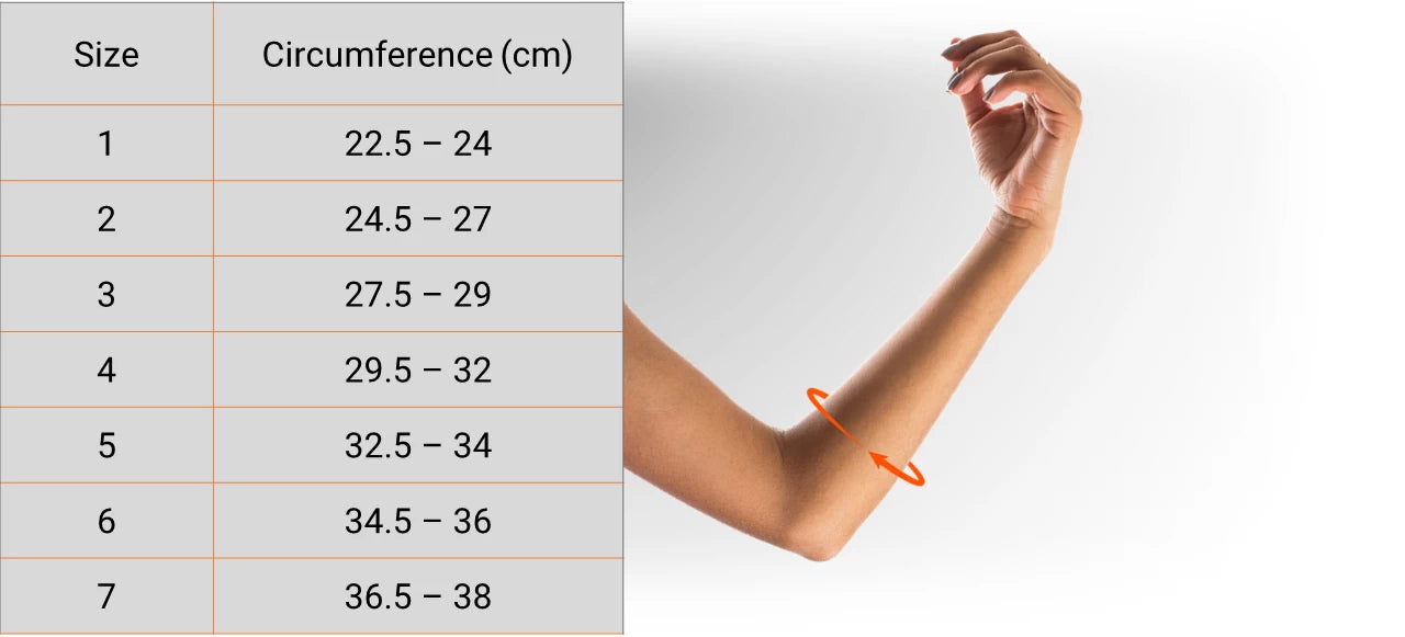 Below-elbow acupressure orthosis size chart