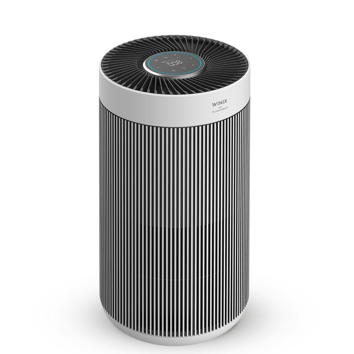 Cylindrical air purifier with a white top and black mesh design on a white background