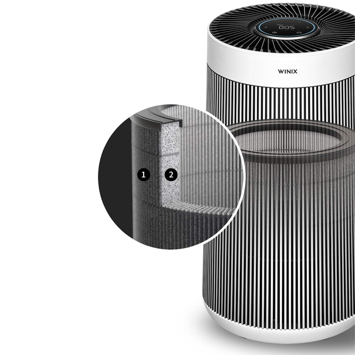 Winix air purifier with filter detail on a white background