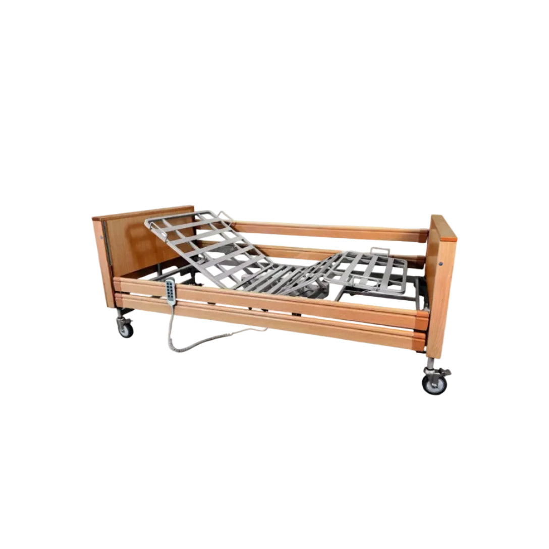 Moretti Gardenia 2.0 electric hospital bed with wooden head and foot boards