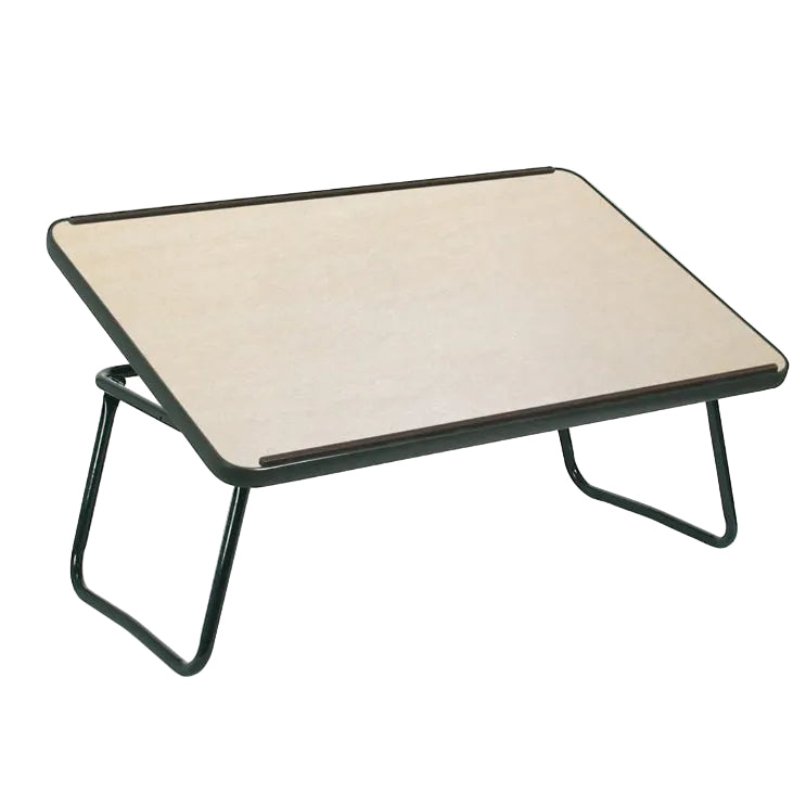 A compact folding lap desk with a light beige wood-grain top and a black metal frame, shown on a plain white background.