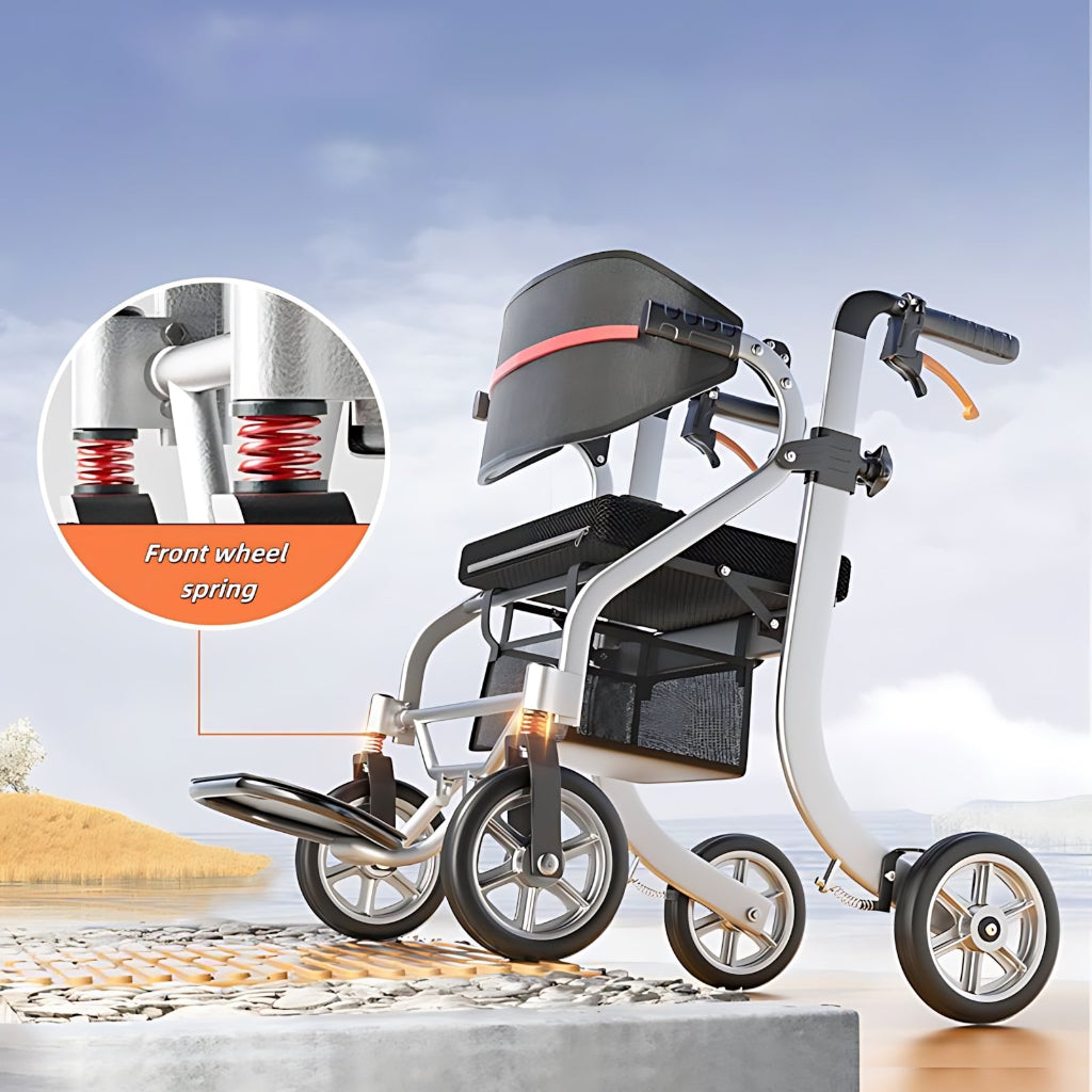 A compact three-wheel rolling walker with a black seat and backrest, shown on a beach-like background with a circular inset highlighting the front wheel spring.
