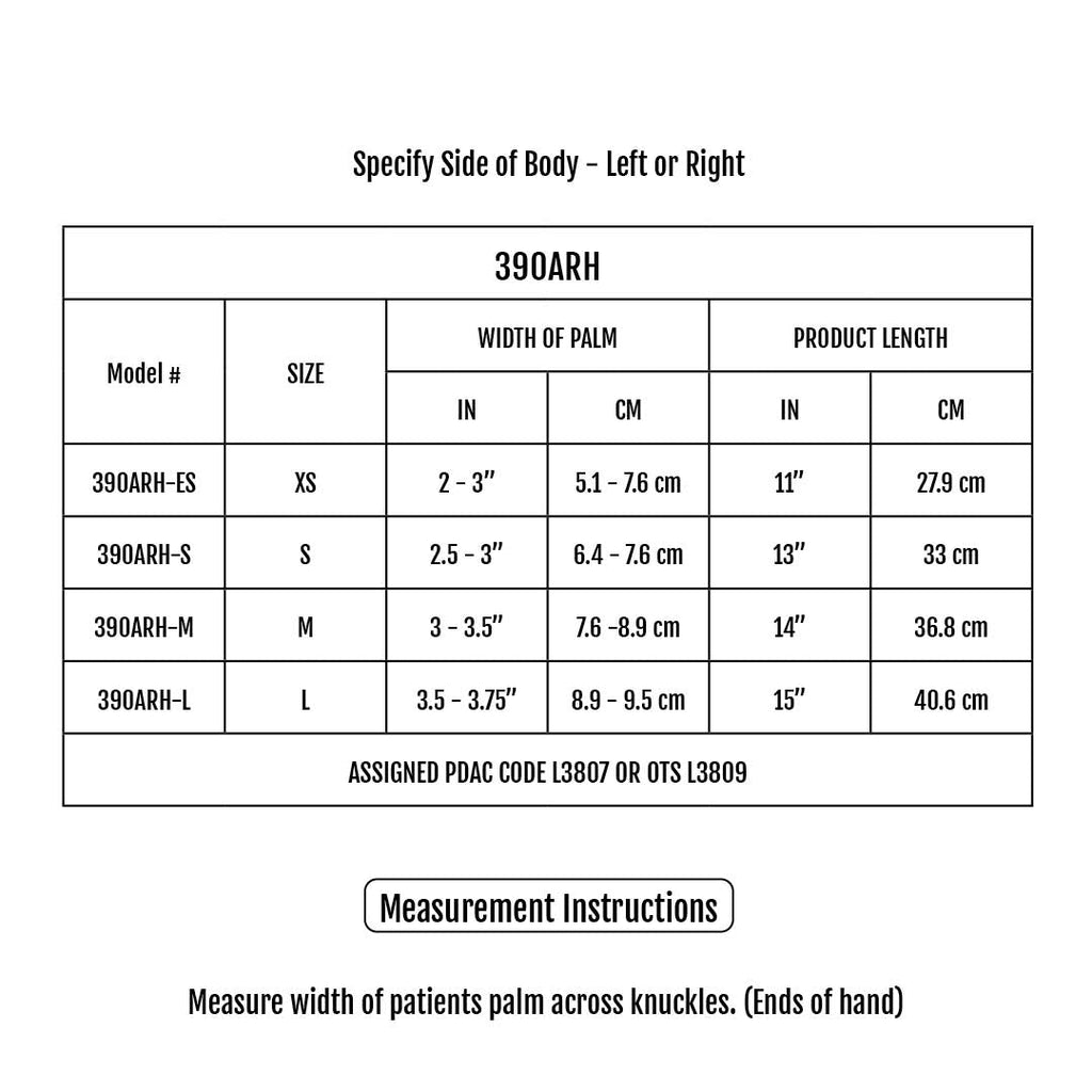 RCAI Adaptable Resting Hand Orthosis – sizing chart