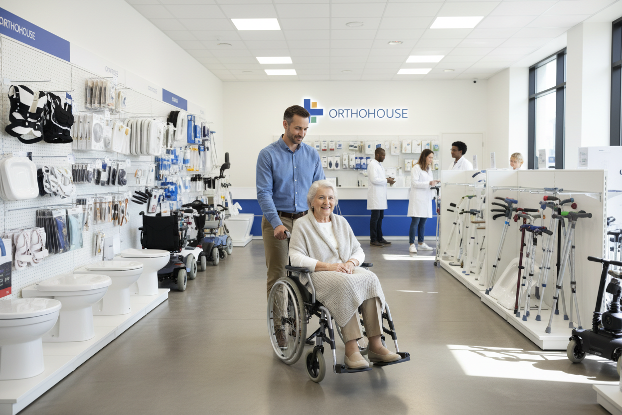  a man pushing an old woman in orthohouse medical store