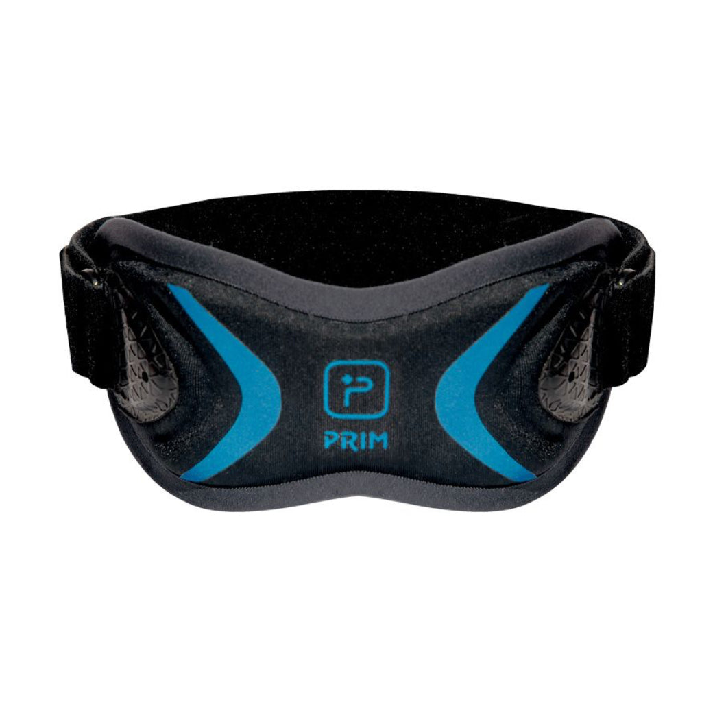Black and blue waist bag with a visible brand logo on a white background