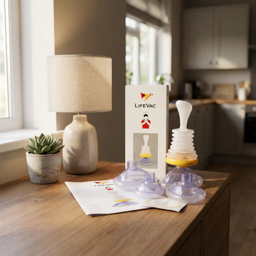 Binalide baby product packaging on a wooden surface with a lamp and plant in the background