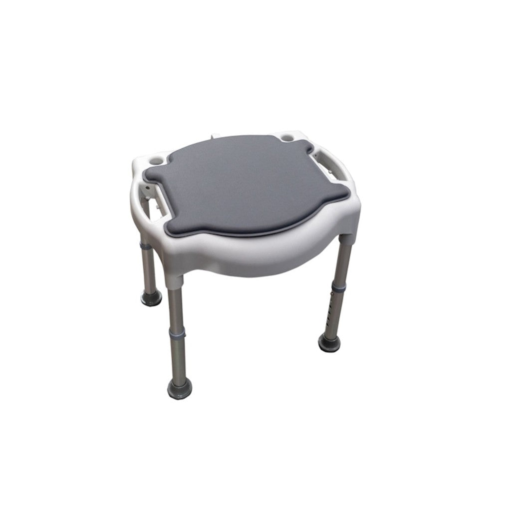 Commode chair as a padded stool with adjustable aluminium legs