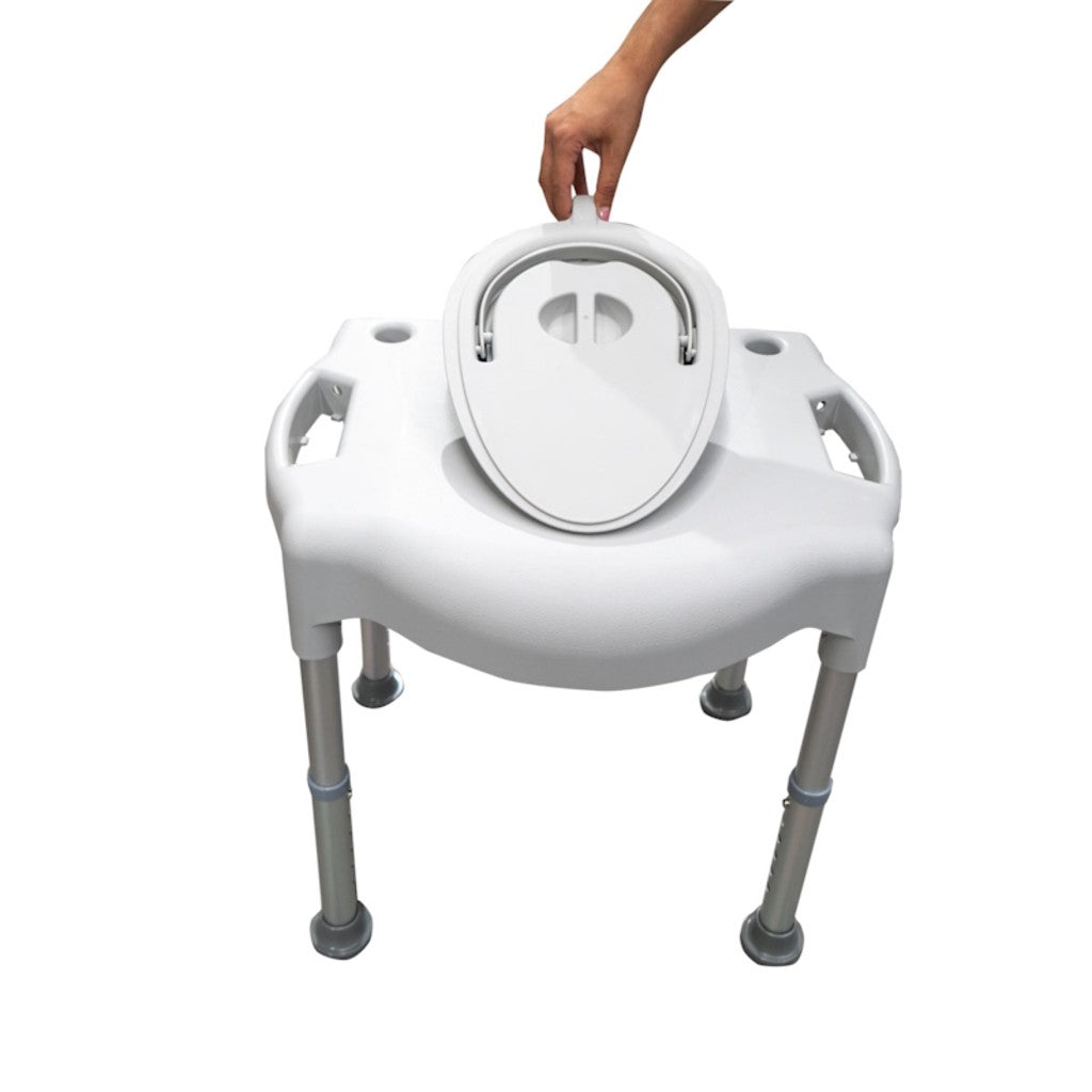 Commode chair seat with lid of the bucket being removed