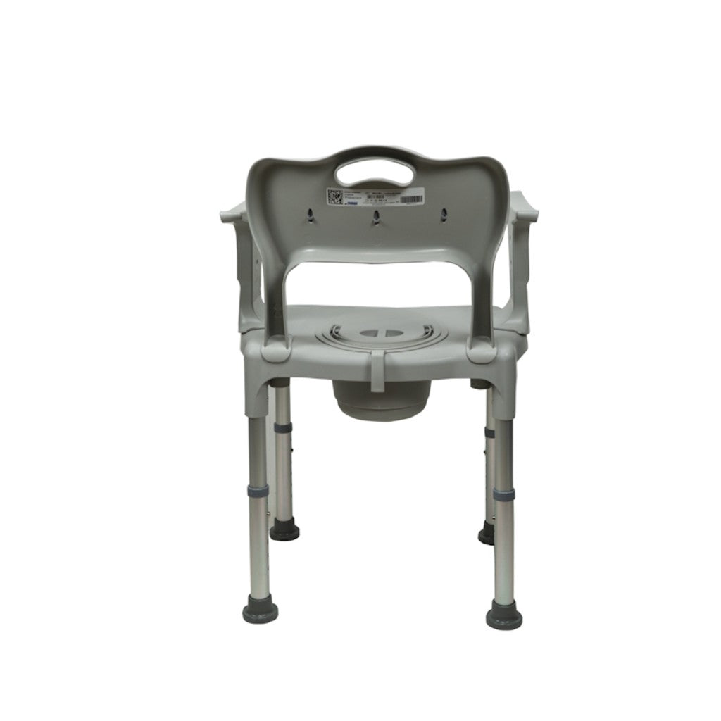 Height adjustable commode chair – rear view with bucket