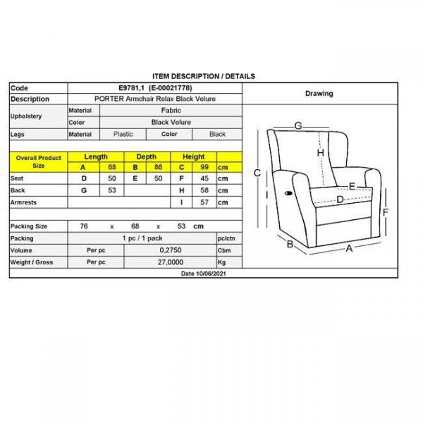 Porter Reclining Armchair Black Velour