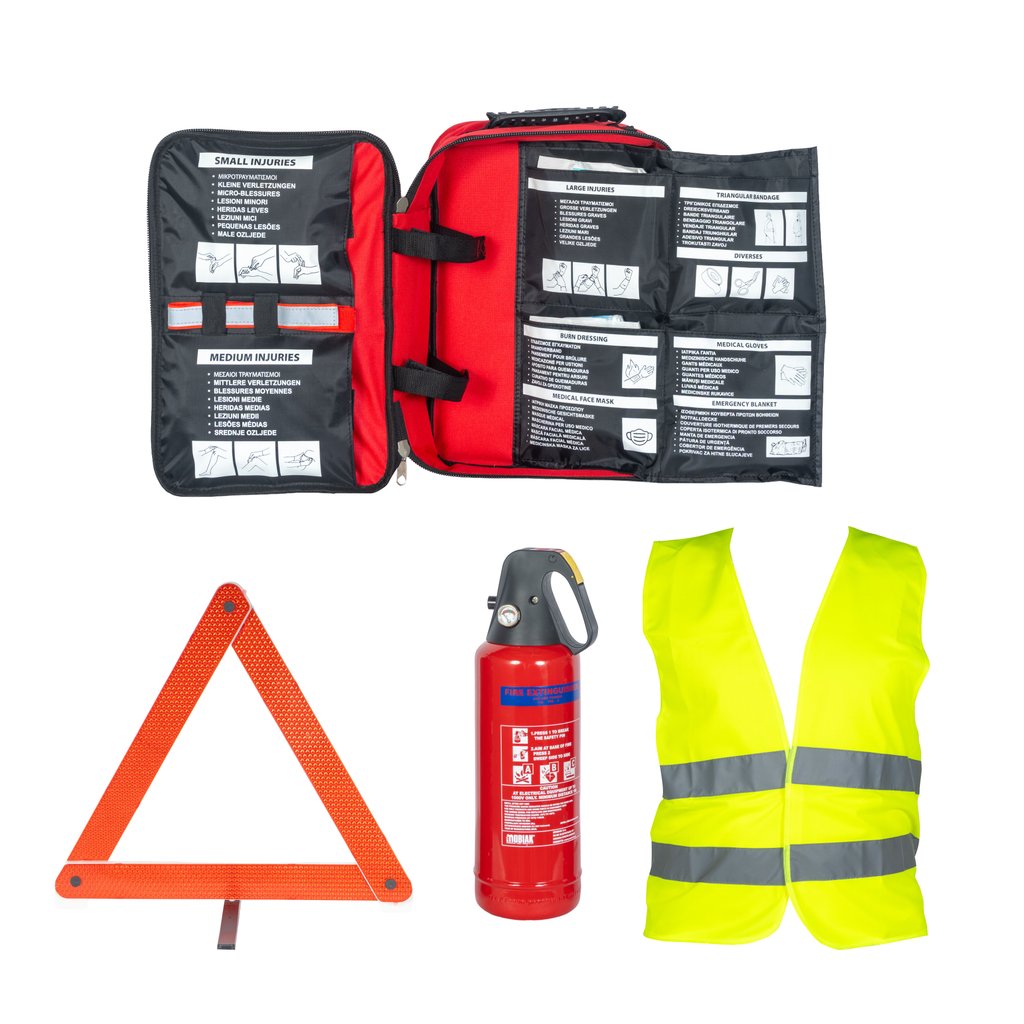 First aid bag (Din 13164) with a 2 Kg fire extinguisher set with a cap