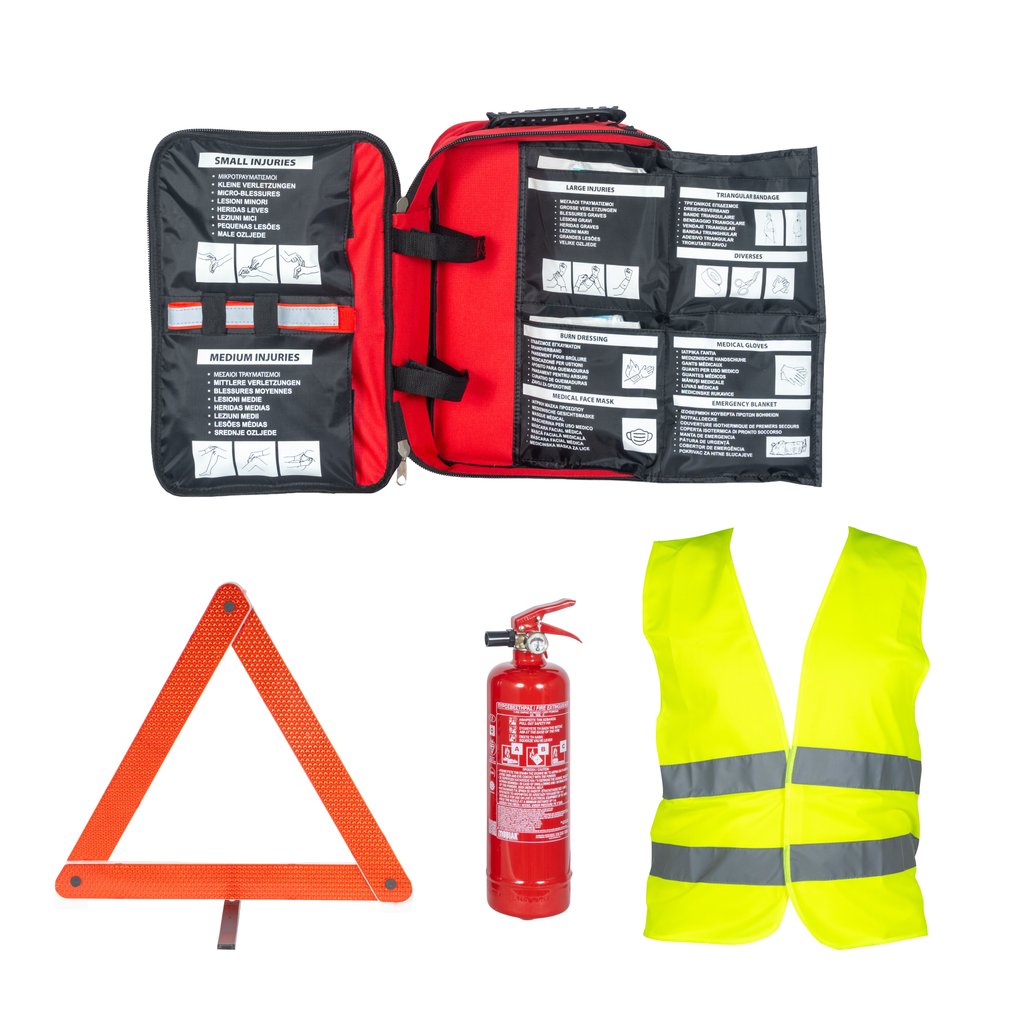 First aid bag (Din 13164) with a 1 Kg fire extinguisher set