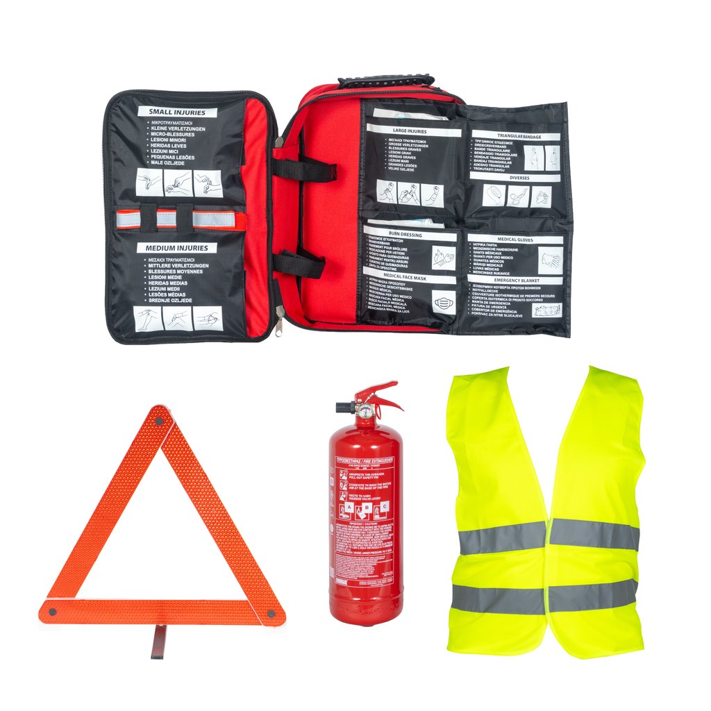 First aid bag (Din 13164) with a 2 Kg fire extinguisher set