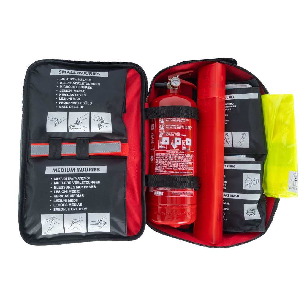 First aid bag (Din 13164) with a 2 Kg fire extinguisher set