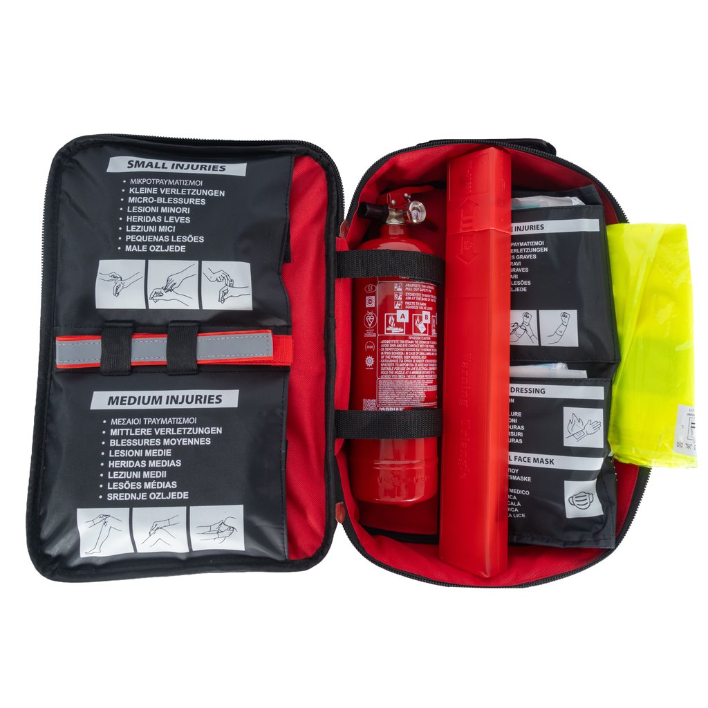 First aid bag (Din 13164) with a 1 Kg fire extinguisher set