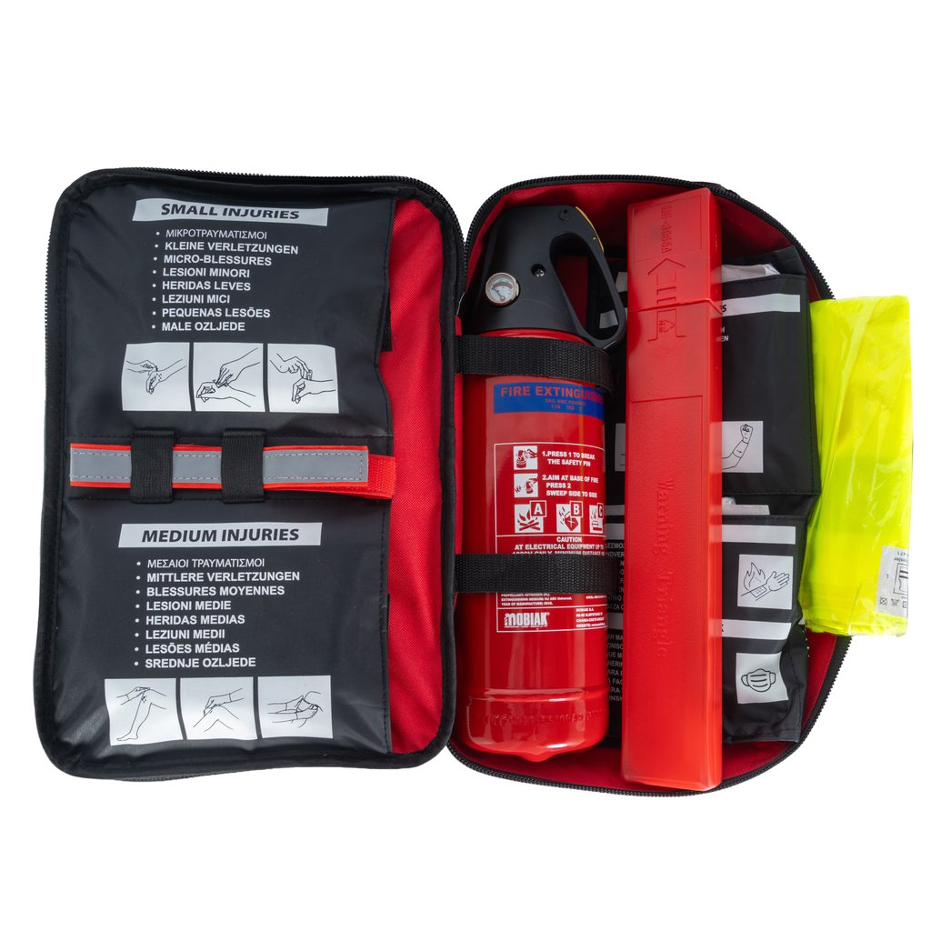 First aid bag (Din 13164) with a 2 Kg fire extinguisher set with a cap