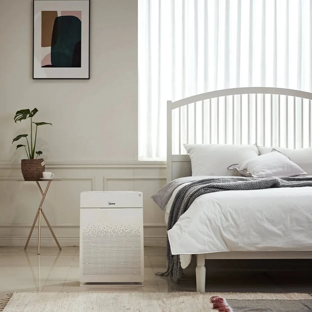 Modern bedroom with a bed, air purifier, and plant