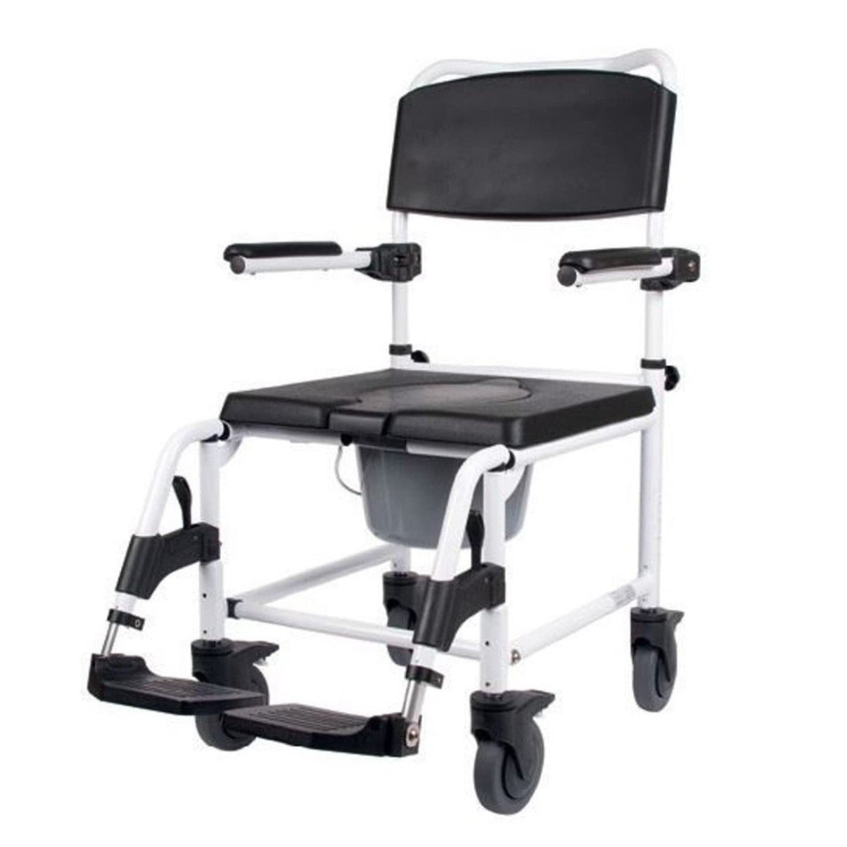 COMMODE AND SHOWER CHAIR with 4 LOCKABLE 5 inch WHEELS